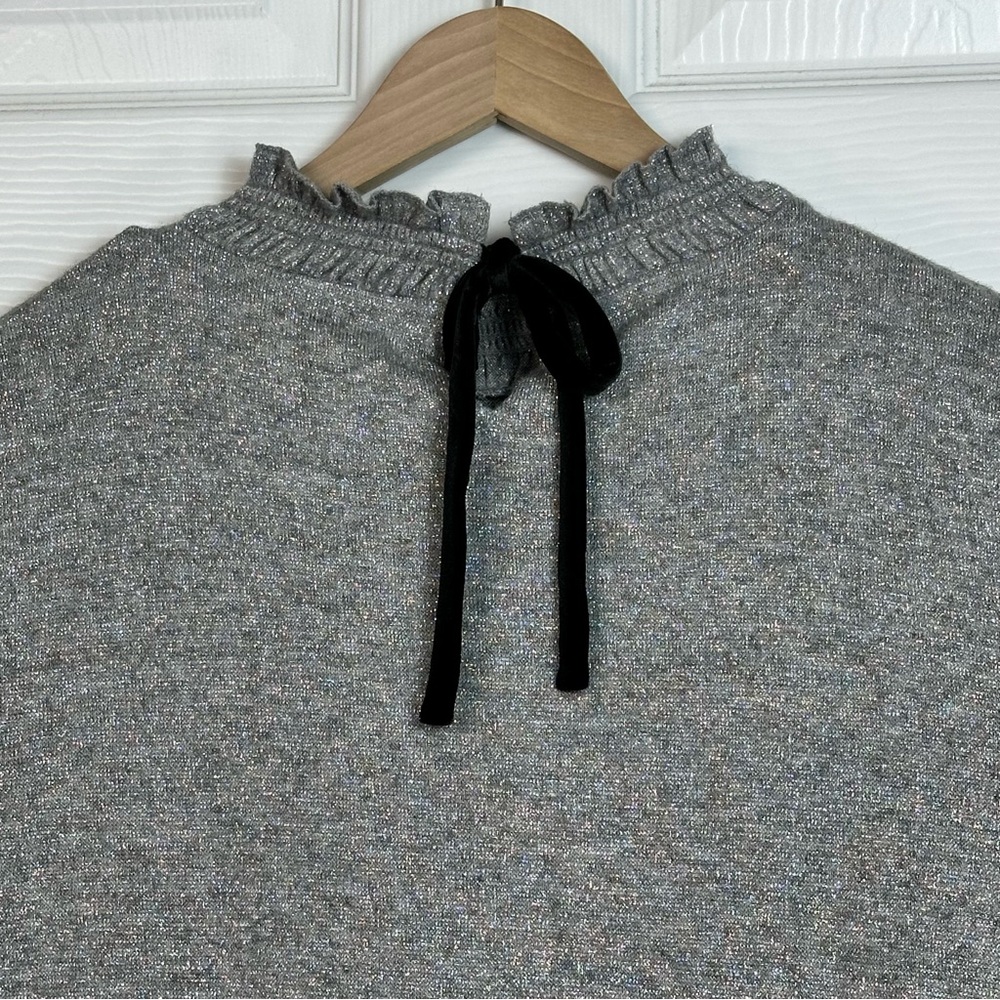 Talbots Gray Metallic Ruffle Neck Sweater L Long Sleeve Velvet Bow Back Holiday - Picture 6 of 12